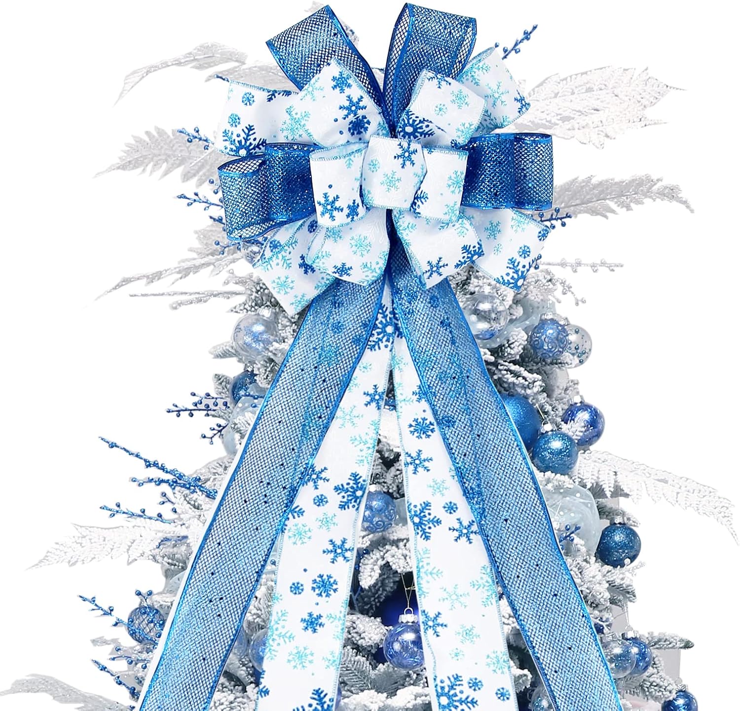 Tree Toppers - Christmas Tree Topper Bow, 44X12 Inch Artificial Xmas Tree Flower Topper Decor, for Family, Wedding, Birthday Party, Indoor Outdoor Thanksgiving Christmas Decoration - Blue/White/Snowflake.