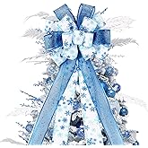 Christmas Tree Topper Bow, 44X12 Inch Artificial Xmas Tree Flower Topper Decor, for Family, Wedding, Birthday Party, Indoor Outdoor Thanksgiving Christmas Decoration - Blue/White/Snowflake.