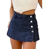 POLIRO Denim Skort for Women Trendy Slit Mini Denim Skirt Casual Stretchy Jean Skirt with Shorts Summer Short Skirt