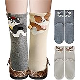 Triplewood 2 Pairs Cat Socks with Balls 3D Novelty Cat Socks Women's Cotton Animal Crew Socks Cat Lovers Gift