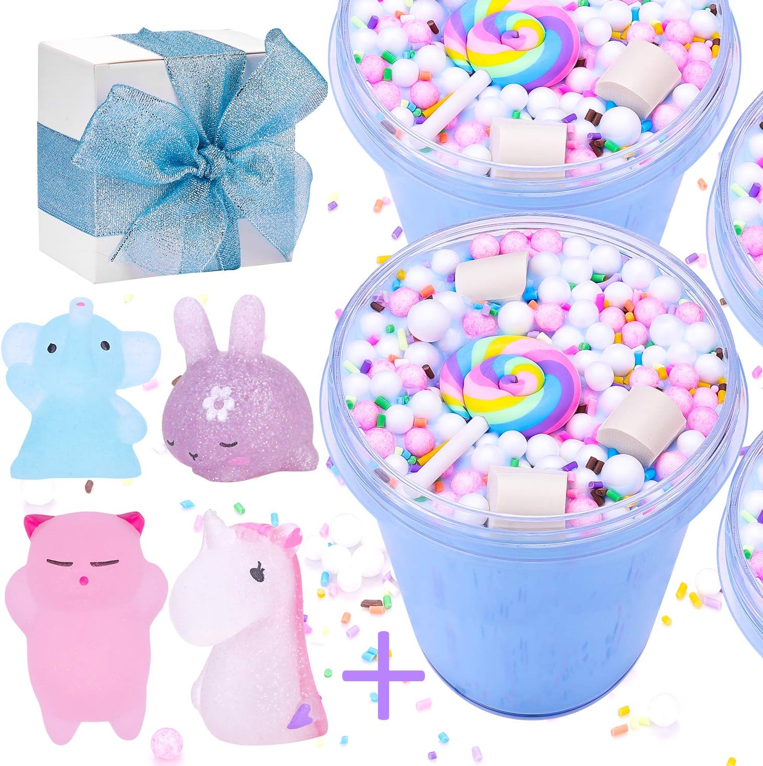 Satisfaction1 Blue Slime Birthday Fluffy Putty,Charms Cotton Candy Cake Scented Non-Sticky ,DIY Stuff Stress Relief Toys 5oz for Girls and Boys Gift(4pcs Squishy Toys Include）