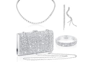 Kigeli 4 Pieces Women Rhinestone Evening Clutch Bag Bling Earring Necklace Bracelet for Wedding Formal