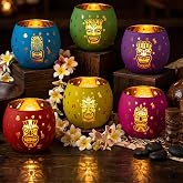 Jingmore 6 Pcs Hawaiian Votive Candle Holders, Multicolor | Tiki Torches Glass Candle Holder, Tropical Flower Tealight Holders, 6 Laser Engraving Pattern, Hawaiian Aloha Summer Party