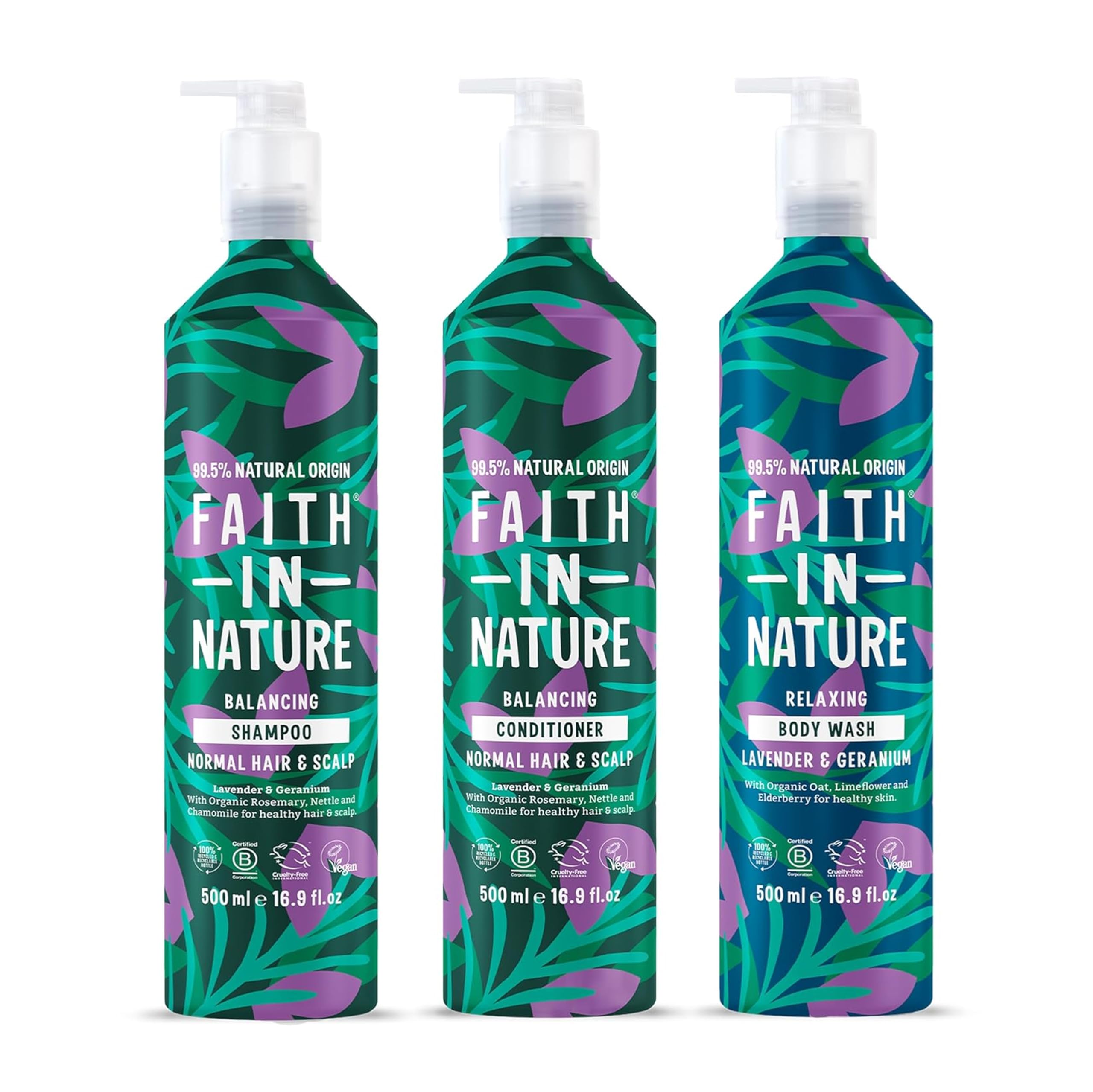 Faith In Nature - Natural Shampoo, Conditioner & Body Wash Set Aluminium Bottles - Vegan & Cruelty Free, No SLS or Parabens - 3 x 500ml, Lavender & Geranium