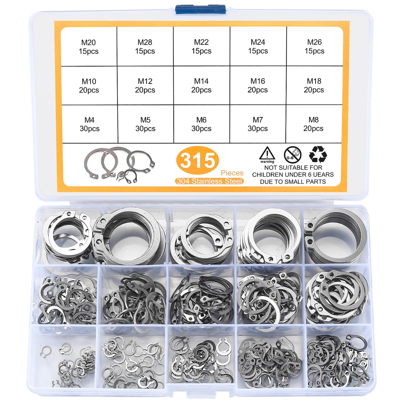315 Pcs Circlips Assorted Sizes, E Clips Snap Rings, External Retaining Ring C Clips Set, E-Clips Snap Opening Ring Circlips Washers for Axles, Shafts, Moving Parts, M4-M28, Alloy Steel (Silver)