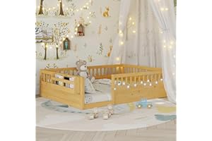 MOPROBETI Montessori Floor Bed with High Rails,Full Size Floor Bed Frame for Kids, LED Lights & Storage Shelf, Safe & Wider Opening Gate Design, Playground & Sleep Space for Girls Boys,Natural