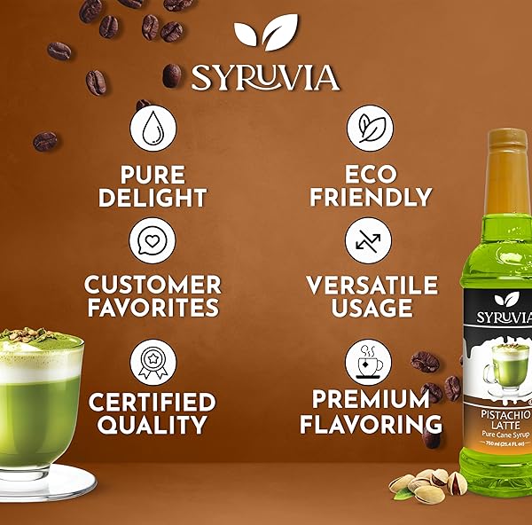 SYRUVIA COFFEE SYRUP, PISTACHIO LATTE FLAVORED SYRUP FOR DRINKS, LATTES, AND DESSERTS – 25.4 FL OZ
