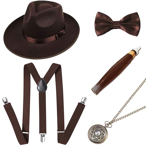 ArtiDeco 1920s Herren Accessoires Mafia Gatsby Kostüm Set inklusive Panama Gangster Hut Verstellbar Elastisch Hosenträger Her