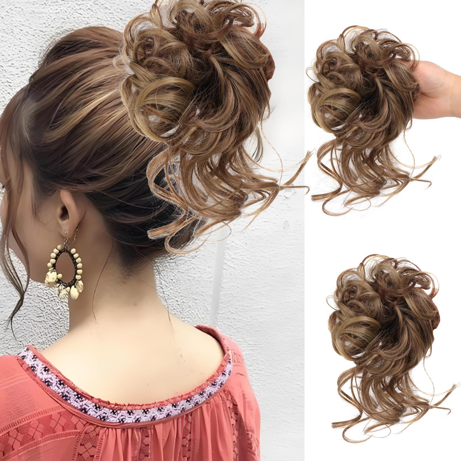 AYNKH Messy Bun Hair Piece, Synthetic Elastic Hair Bun Extensions Hair Wavy Donut Accessories Ponytail Wig Hairdo for Women Girls (Brown 1)