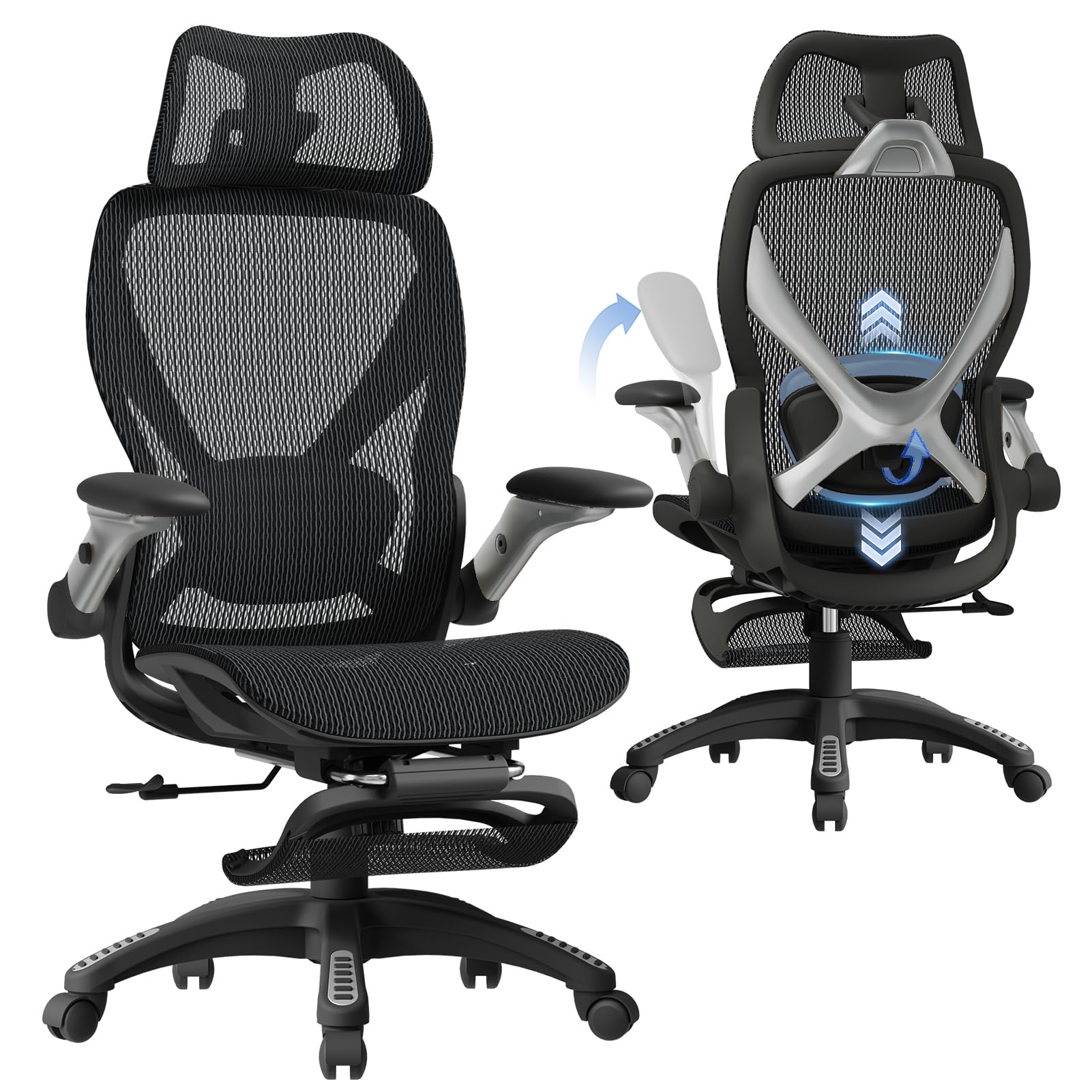 Photo 1 of ELABEST X100 Ergonomic Mesh Office Chair with Footrest, Big and Tall Hone Desk Chair with 5D Flip-Up Arms, Adjustable 3D Lumbar Support,Gaming & Executive Computer Chairs for Long Hours(Midnight Mist)