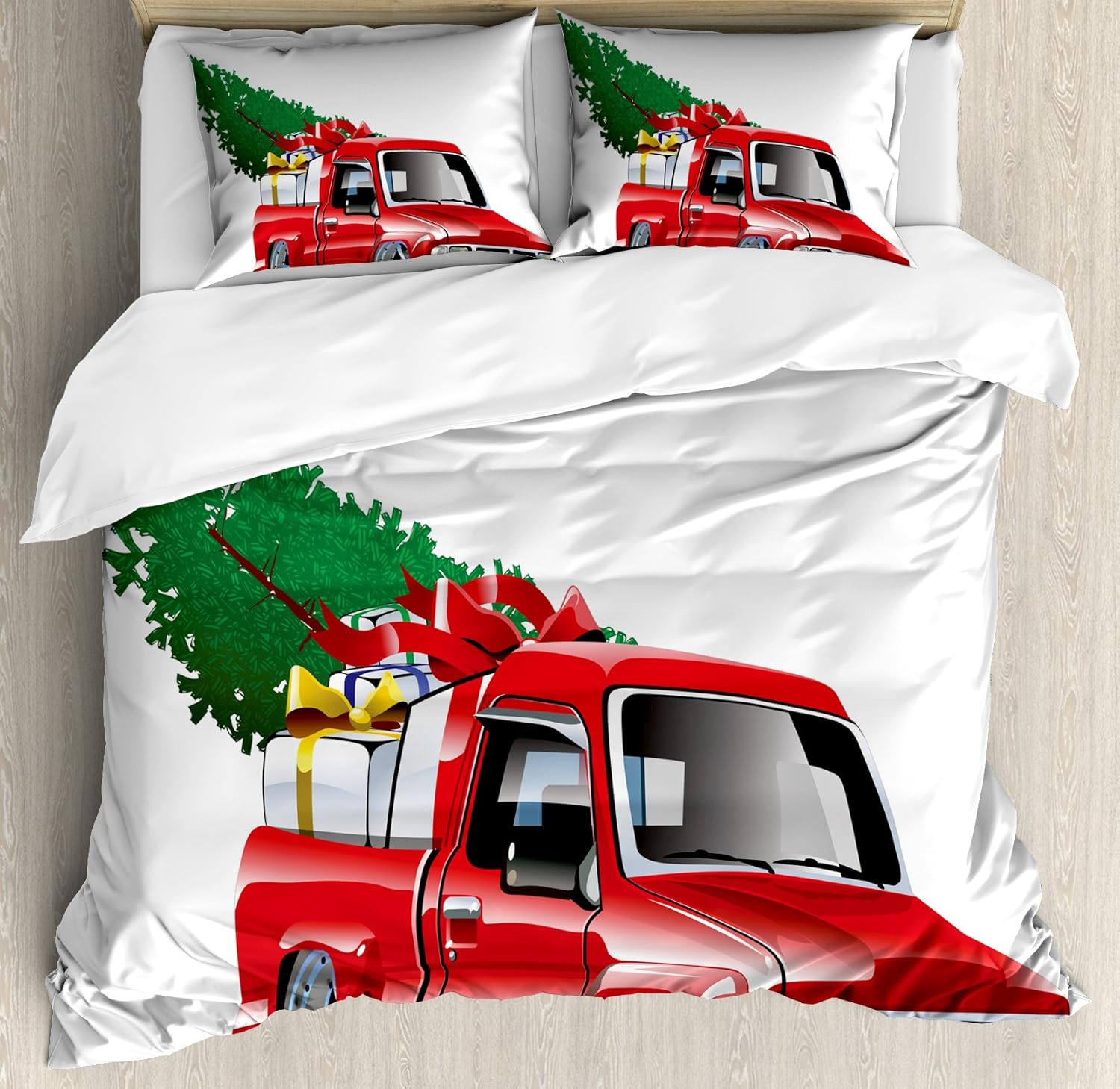 Ambesonne Christmas Duvet Cover Set, Red Pickup Truck with