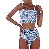 RXRXCOCO Womens Shirred Bandeau Bikini Cute Two Piece Swimsuit Off Shoulder High Waist Bathing Suit