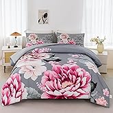 RYNGHIPY Grey Bed Comforter Set Queen Size 3 Pieces Pink Flowers Printed Bedding Set Soft Microfiber Comforter Sets with 1 Comforter 2 Pillocases (Grey,Queen Size)