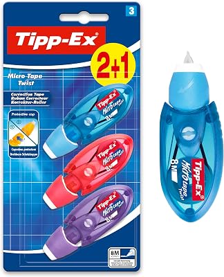 Fita corretiva de caneta bic tipp-ex, ideal para material escolar, micro fita giratória, 8m x 5mm, com cabeça giratória, blister de 3, multicor
