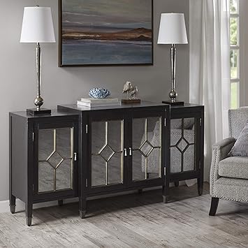 Amazon Com Madison Park Lyle Media Console Cabinet Modern Luxe Mirrored Door With Metal Hardware Buffet Sideboard Living Room Furniture Black Buffets Sideboards