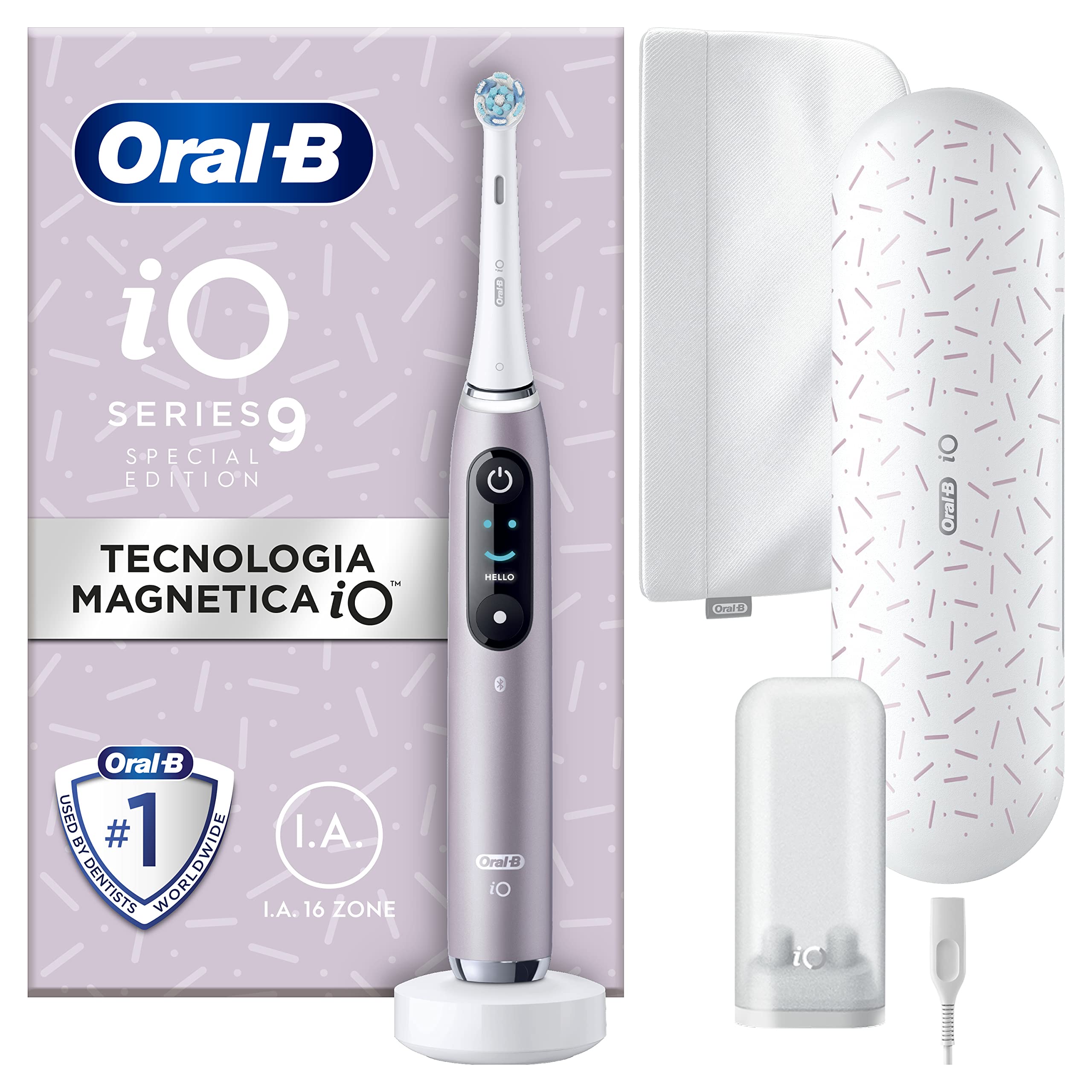 Oral-B Spazzolino Elettrico Ricaricabile iO9 Rosa Edizione Speciale, 1 Testina, 1 Astuccio Magnetico, 1 Custodia Da Viaggio Ricaricabile, 1 Spazzolino