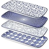Selamica Ceramic Rectangular Serving Platters Set of 4, 12 Inch Serving Trays/Dishes for Party Entertaining, Rectangular Dinner Plates for Appetizer Salad Dessert Sushi, Vintage Blue