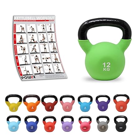 POWRX Kettlebell Neopren 2-26 kg inkl. Workout I Kugelhantel in versch. Farben und Gewichten I Bodenschonende Schwunghantel