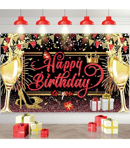 thumbnail interactive-video image 1 of Blulu Happy Birthday Backdrop Banner Sign Poster Large Fabric Glitter Balloon Fireworks Sign Birthday Photo Backdrop Background Birthday Party Decora 1 of 12