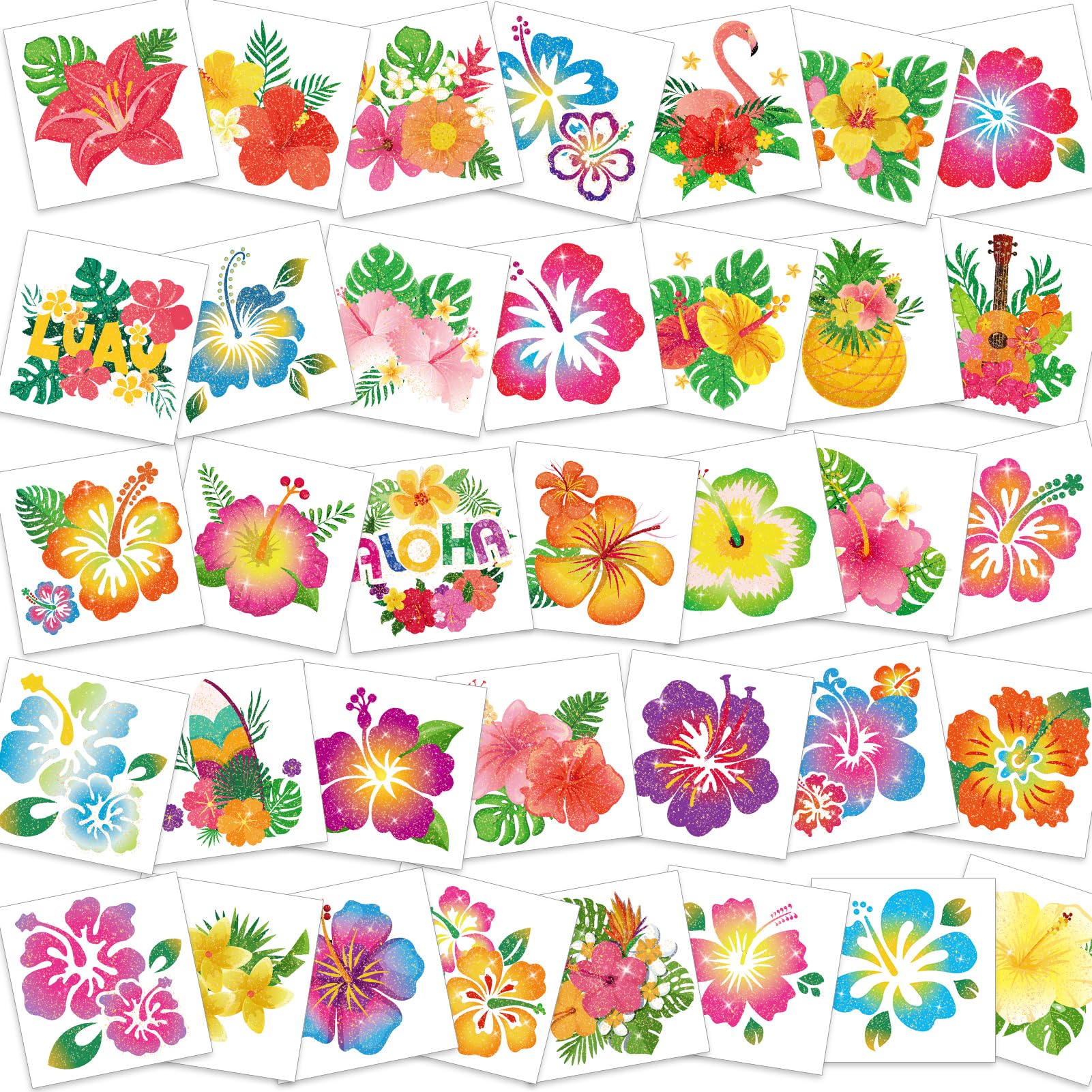 Photo 1 of HOWAF 72PCS Hibiscus Glitter Tattoos Hawaii Flower Temporary Tattoos for Aloha Party Decoration, Summer Flower Face Tattoos, Hibiscus Flowers Fake Tattoos Stickers for Kids Women Hawaiian Party Favors