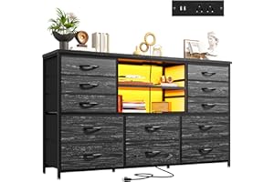 EnHomee Black Dresser with LED Lights & Power Outlets, 12 Drawers Dresser TV Stand for 60''TV Stand for Bedroom Fabric Dressers & Chest of Drawers, Sturdy Metal Frame, for Closet, Living Room,Hallway