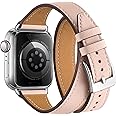 Bestig Bands Compatible with Apple Watch Band 40mm 41mm 38mm 42mm(Series 10) Women Men, Genuine Leather Double Tour Designed Slim Thin Strap for iWatch SE Series 9 8 7 6 5 4 3 2 1(PinkSand+Sliver)