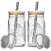 Icesip 32oz Glass Mason Cup with Bamboo Lids, 2Pack Wide Mouth Mason Jars, Boba Cups with Lids and Straw, for Iced Coffee Juice Milkshake Tea