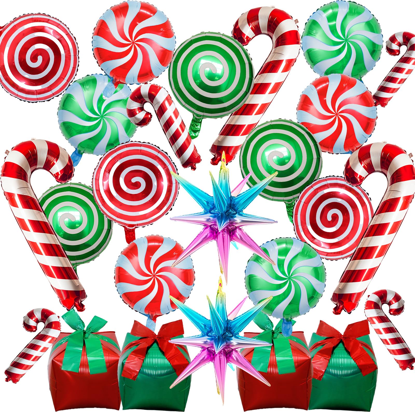 Christmas Party Decorations Set, 25 Pcs Christmas Round Candy Cane Gift Box with Rainbow Explosion Star Mylar Foil Balloons, Red Green Xmas Foil Balloons Kit for New Year Sweetland Theme Party Decor