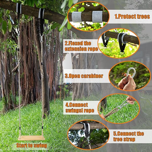 WOODEN SWING HANGING TREE SWINGS, WOOD SWINGS SEAT 19.7 * 9.8IN TO KIDS CHILDREN WITH ADJUSTABLE ROPE PLUS TREE STRAPS FOR BACKYARD, PLAYGROUND, PORCH, PATIO, GARDEN, PARK OR HOME