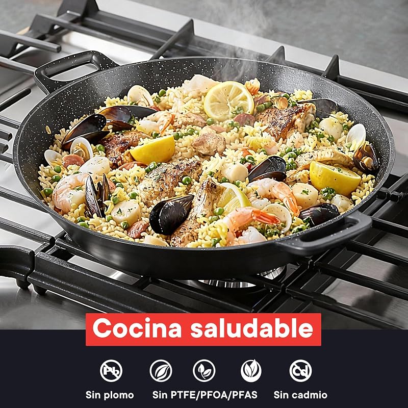 Paellera de Aluminio 36cm, Paellero con Revestimiento Cerámico Antiadherente y antioxidante, Apta Para Todo Tipo de Cocinas Incluida Inducción, 6-8 Raciones
