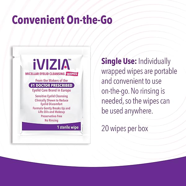 IVIZIA EYELID CLEANSING WIPES FOR SENSITIVE EYELID CLEANSING, PRESERVATIVE-FREE, MICELLAR, NO RINSE, GENTLE EYE MAKEUP REMOVER, 20 STERILE SINGLE-USE WIPES FOR EYELIDS PACKAGING MAY VARY