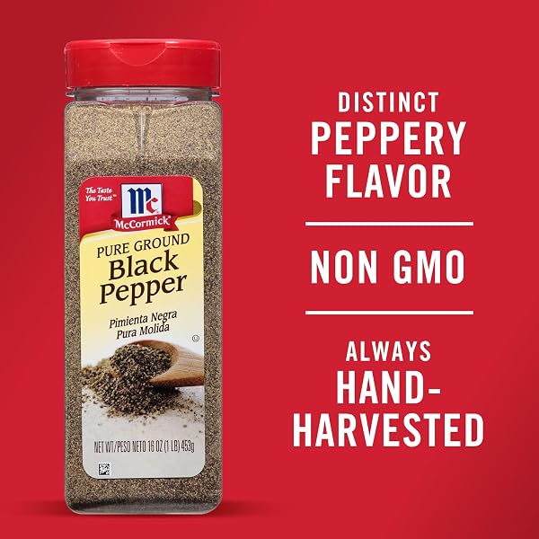 MCCORMICK BLACK PEPPER, PURE GROUND, NON GMO, HAND-HARVESTED, ENJOY DISTINCTIVE PEPPER FLAVOR WHILE COOKING & TABLESIDE, 16 OZ