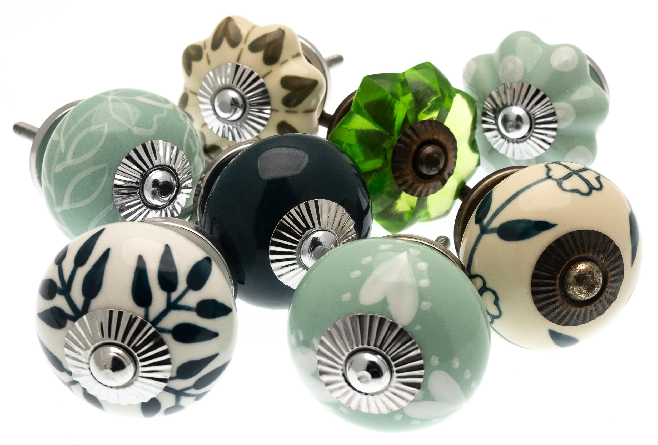 Mango Tree Cupboard Knobs - Decorative Dark Green, Cream and Eau de Nil Green with Patterns Ceramic Door and Drawer Handles – Vintage Home Décor Set of 8