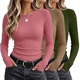 Huukeay 3 Pcs Women's Ribbed Long Sleeve Tops with Thumb Holes | Cotton Crew Neck T-shirts, Slim Fitted Undershirts,Stretchy Soft Base Layer,Winter Fall Basic Clothes, Daily Business Outdoor