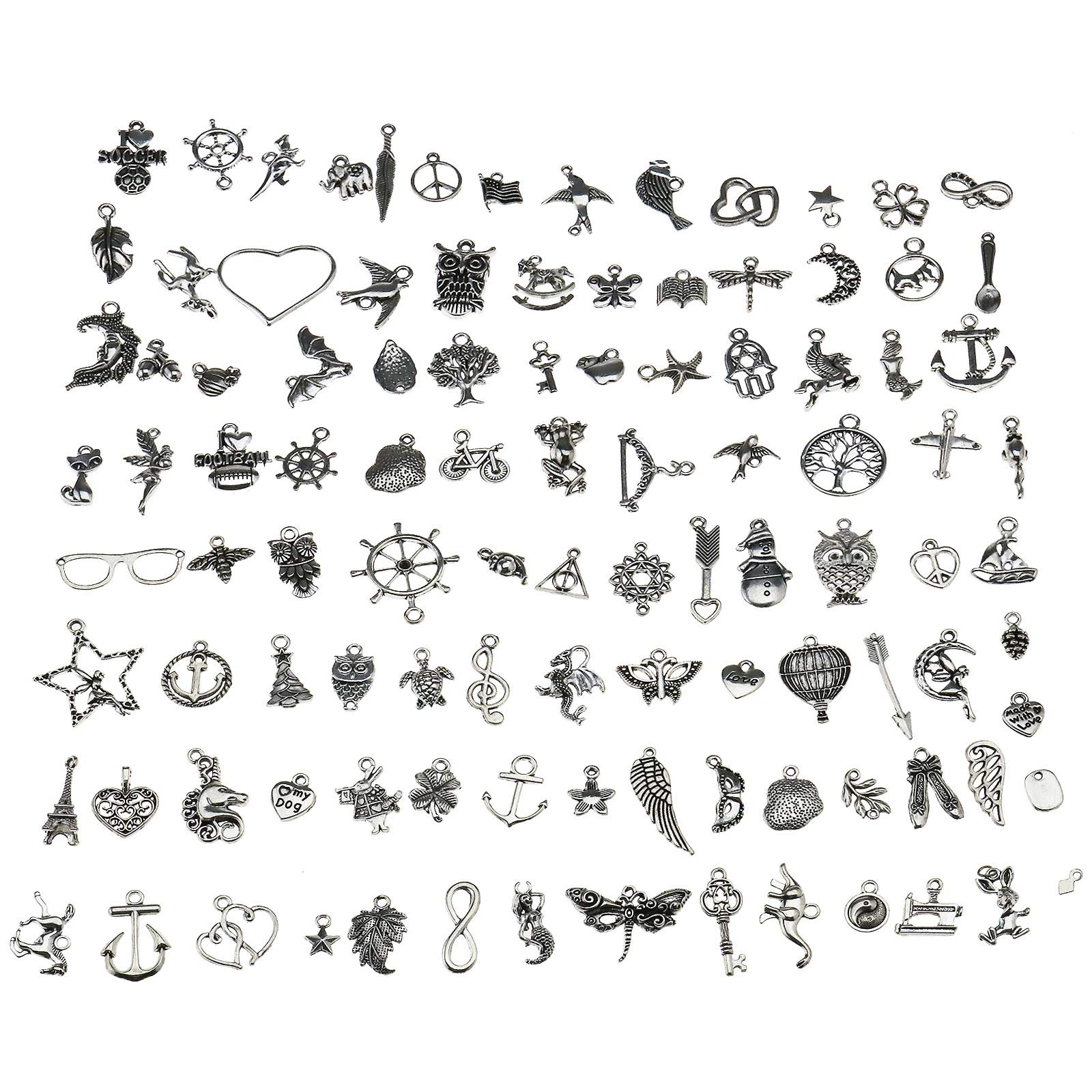 YINETTECH 100pcs Antique Silver Charms Pendants Findings Mixed Set Craft Supplies Small DIY Jewelry Making Craft