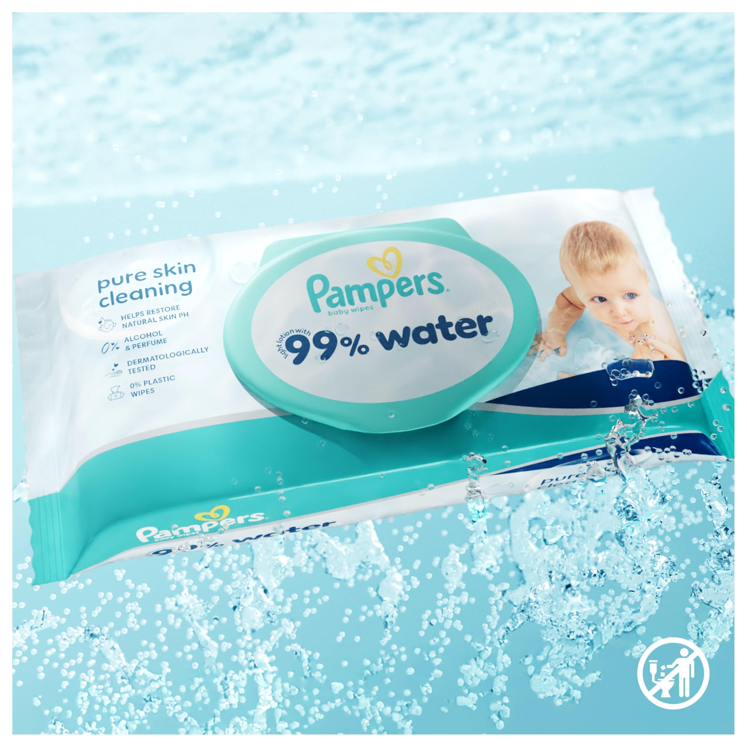 Pampers 99% Water Baby-Feuchttücher, 18 Packungen mit 60 Feuchttüchern = 1080 Baby-Feuchttücher, leichte Lotion mit 99% Wasser 2