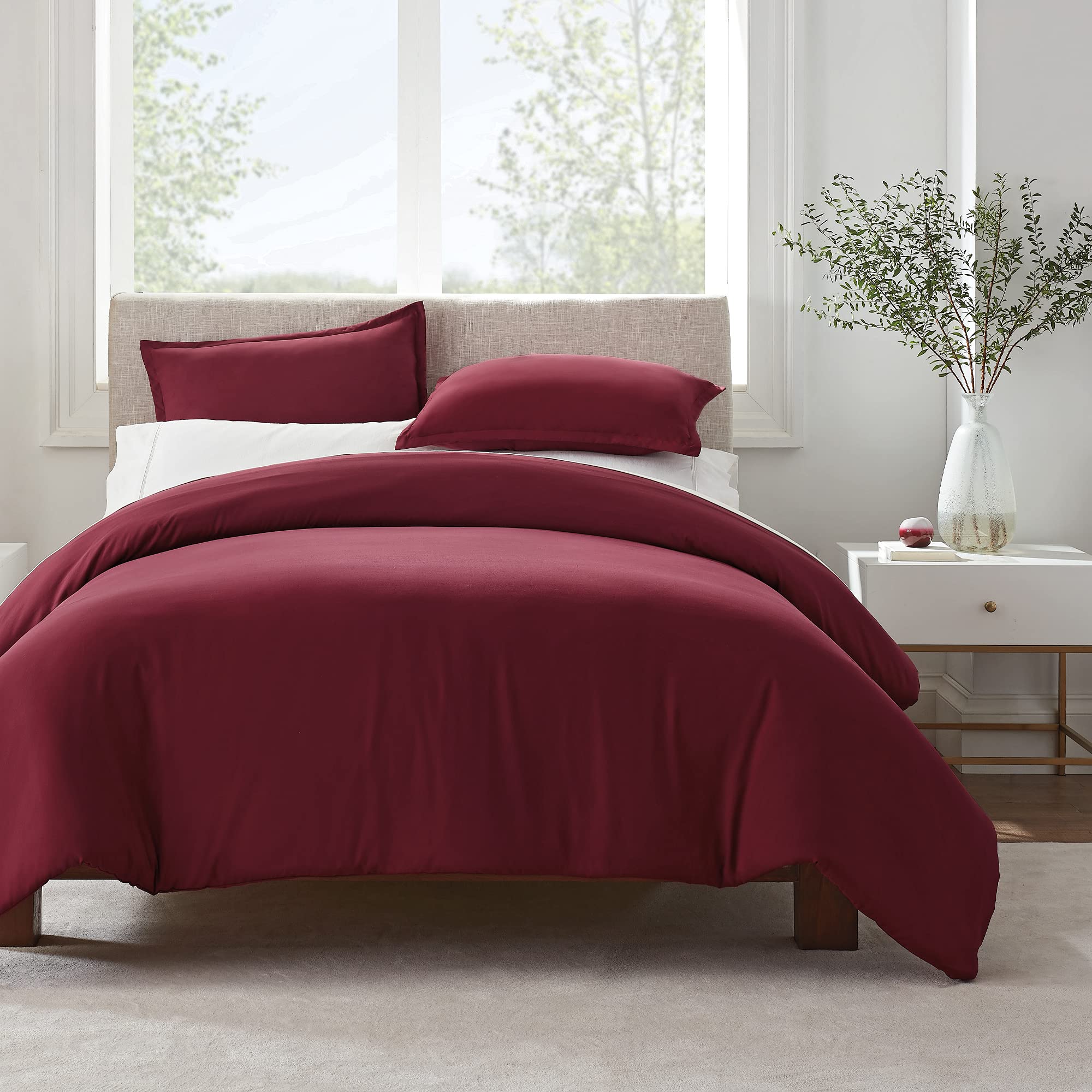 Photo 1 of SERTA Simply Clean Ultra Soft Hypoallergenic Stain Resistant 3 Piece Solid Duvet Cover Set, Burgundy, Full/Queen