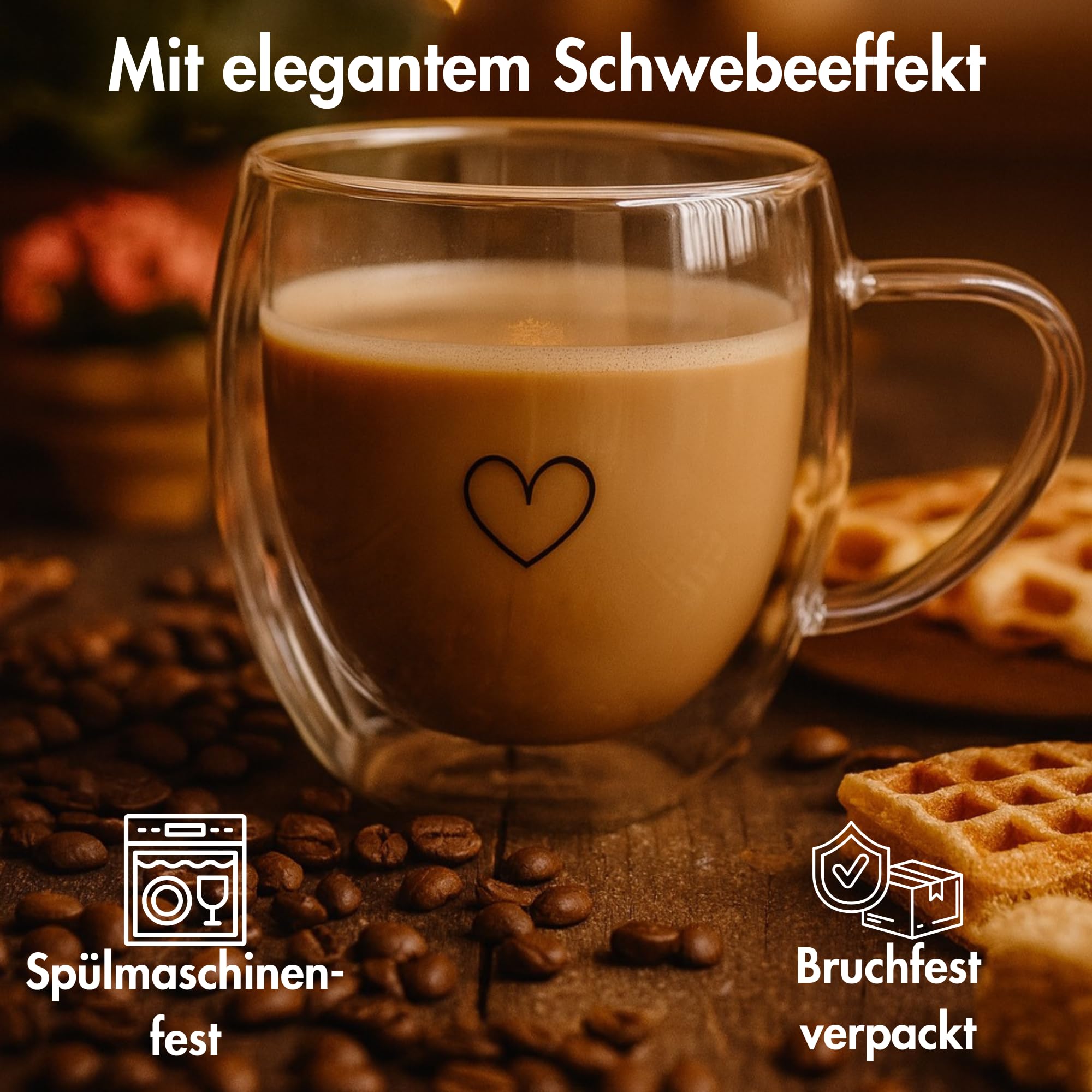 Superior Interior Cappuccino Tassen Glas Doppelwandig 4er Set 250ml – Cappuccino Gläser mit Henkel – Herz Design 4