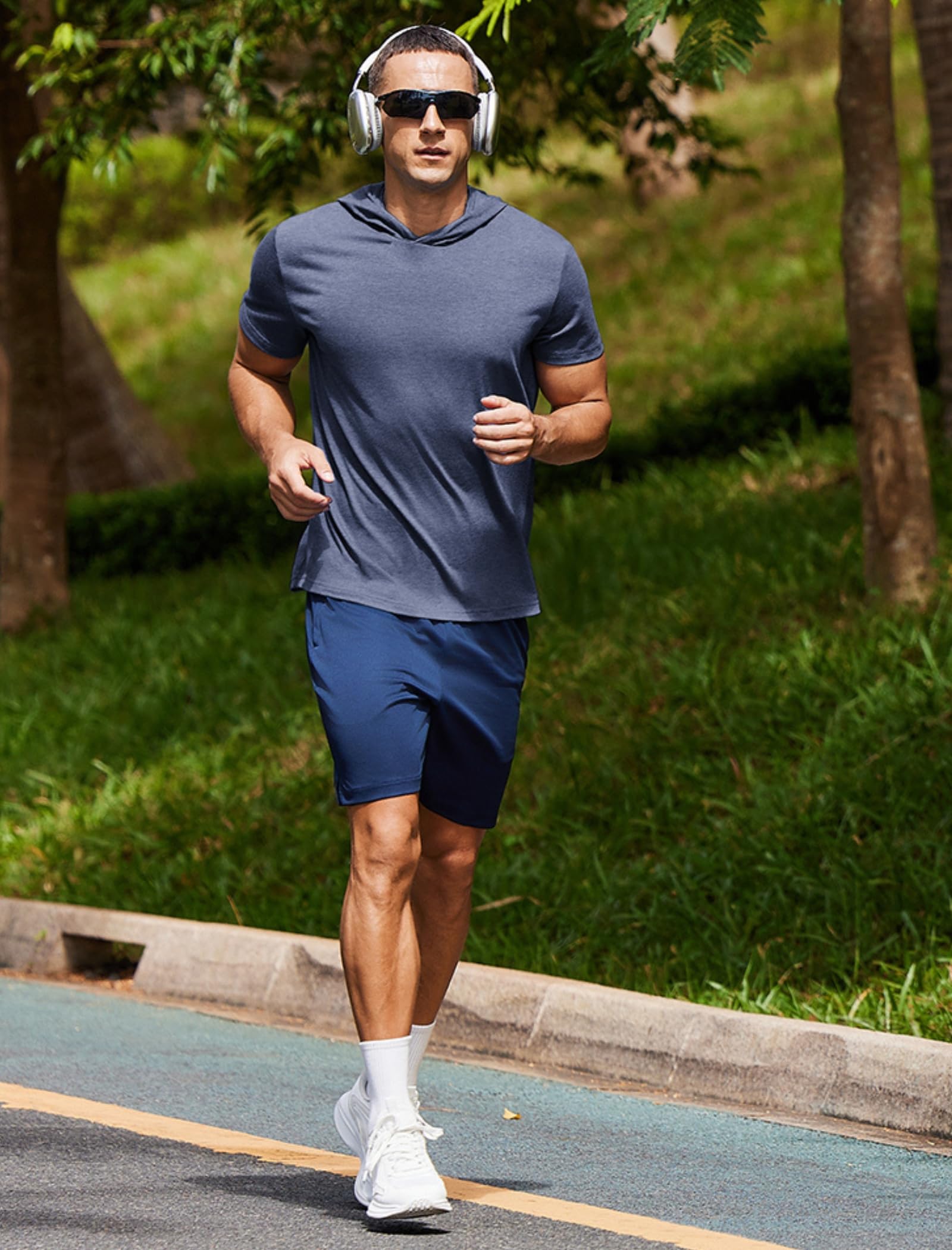 PINSPARK Short Sleeve Hoodies for Men Lightweight Pullover - Quick-Dry Athletic Hooded T-Shirt for Gym Workout Fitness Navy Blue