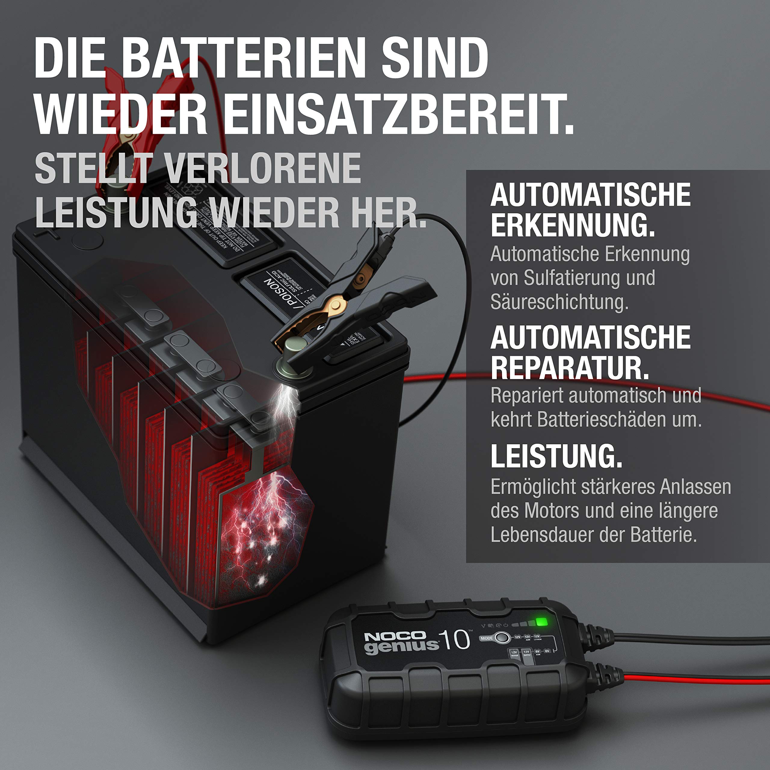NOCO GENIUS10: 10A Batterieladegerät für Auto & Motorrad — 6V/12V Erhaltungsladegerät & Entsulfator — Für AGM, Lithium (LiFePO4) & Start-Stopp-Batterien 6