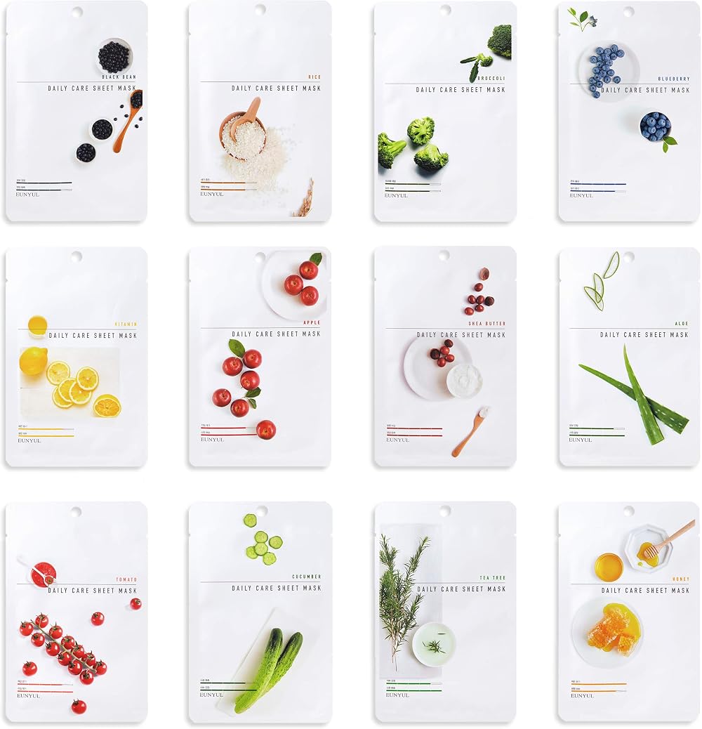 Eunyul Pack of 12 Daily Care Face Sheet Masks 12 Types Korea Hydrating