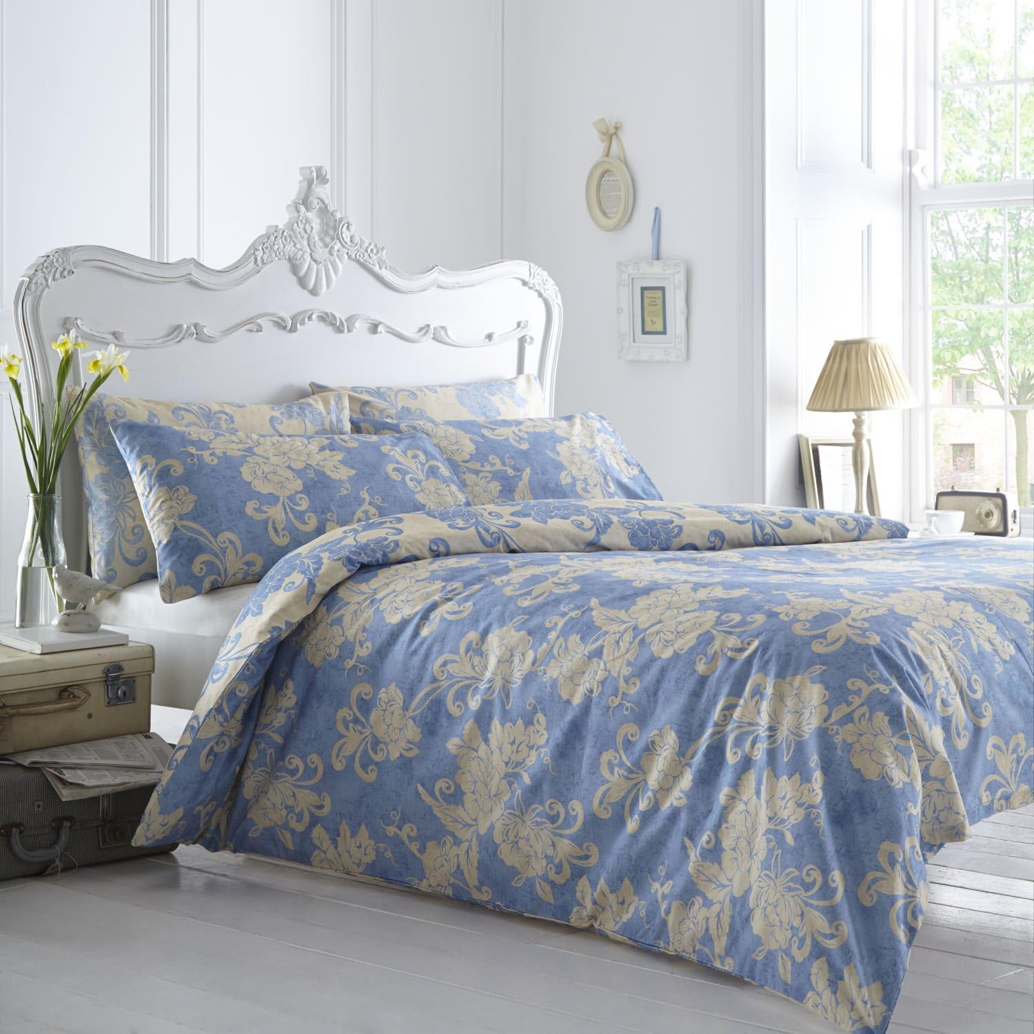 Classic Vantona Sophia Floral Bedding Duvet Cover 2 Pillowcase Set, Blue/Gold -Double Size