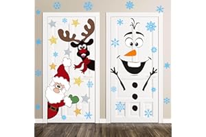 HRENCY Christmas Door Stickers Decor Christmas Snowman Olaf Santa Reindeer Refrigerator Stickers, Large Snowman Stickers with Snowflake Decals for Winter Xmas Door Wall Window Decorations