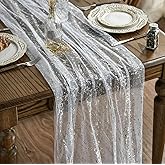 Artoid Mode White Silver Gauze Table Runner 120 Inch 10FT, Glitter Metallic Foil Sheer Dining Holiday Wedding Anniversary Birthday Table Decor for Home Party