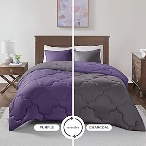 Comfort Spaces Vixie 3 Piece Comforter Set All Season Reversible Goose Down Alternative Stitched Geometrical Pattern Bedding, King, Purple/Charcoal