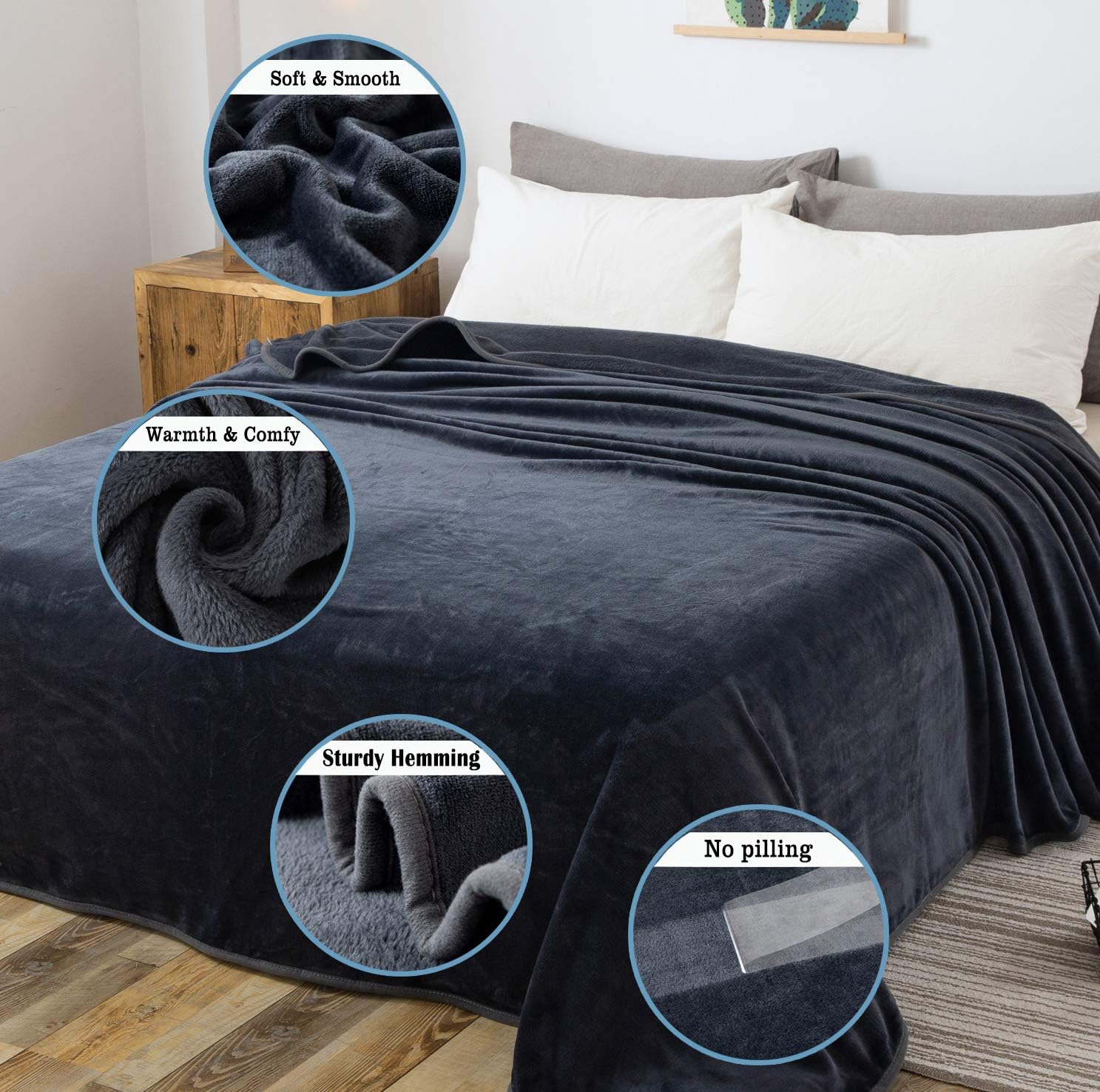 HOZY Fleece Blanket 350GSM Super Soft Fluffy Solid - No Static Throws for Double Bed/Large Sofa- Dark Grey 220 x 240cm - Image 3