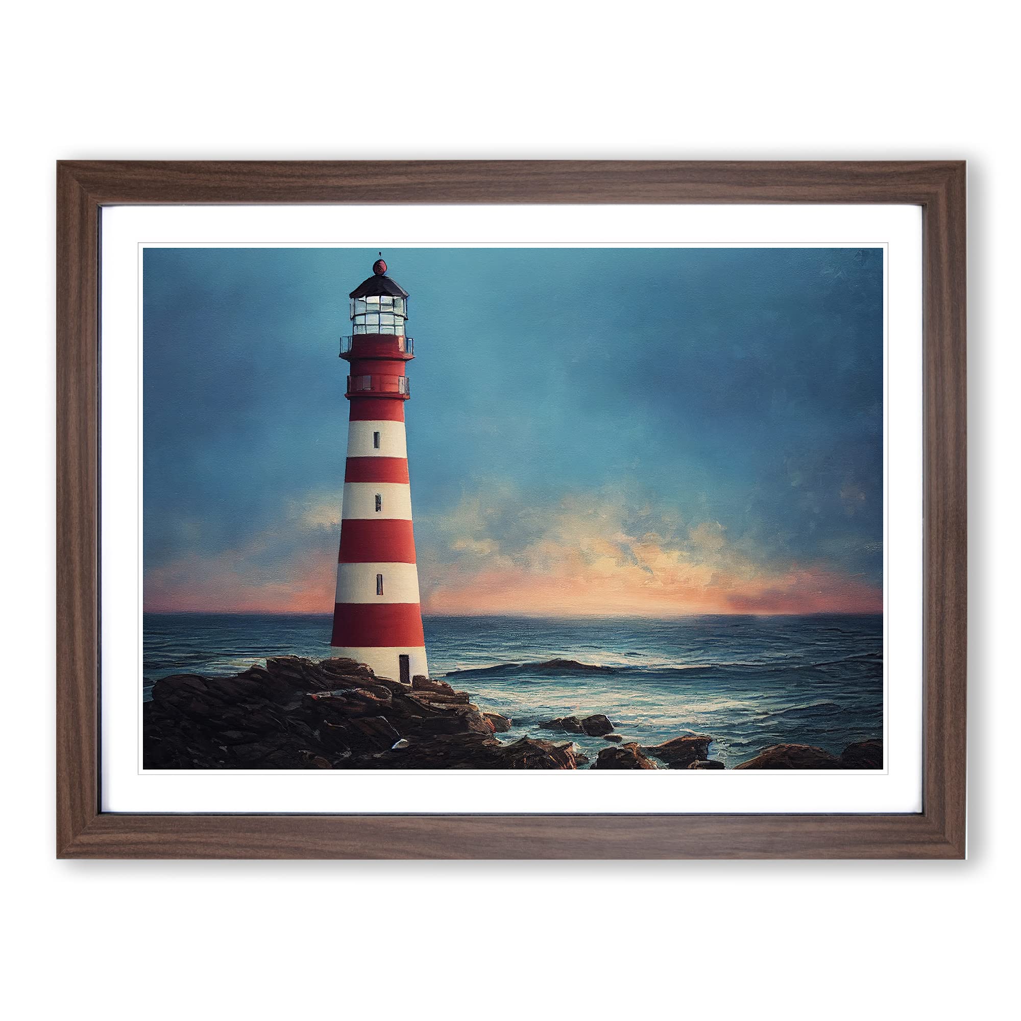 Artistic Lighthouse Framed Print | A4 Walnut Framed Wall Art | Ready to Hang | Modern Cityscape Picture | Living Room Bedroom Lounge Office