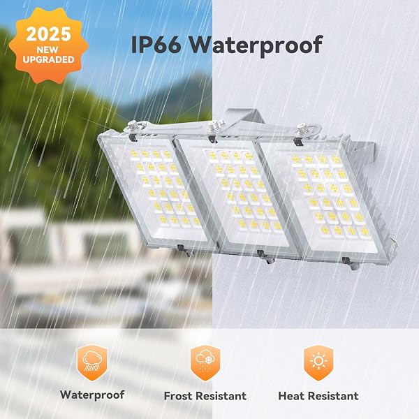 150W 2025 PLUS NEW UPGRADED LED FLOOD LIGHT OUTDOOR, 15000LM SUPER BRIGHT STADIUM LIGHTS, 6000K DAYLIGHT WHITE, IP66 WATERPROOF, 3 HEADS ADJUSTABLE OUTDOOR FLOODLIGHT FOR YARDS, ARENA, GARDEN