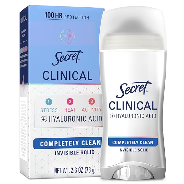 SECRET CLINICAL STRENGTH ANTIPERSPIRANT DEODORANT FOR WOMEN, 100HR SWEAT & ODOR PROTECTION, 3X STRESS PROTECTION WITH HYALURONIC ACID, PH BALANCED, INVISIBLE SOLID, COMPLETELY CLEAN SCENT, 2.6 OZ