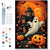 Bowetile Halloween Framed Paint by Numbers Kit for Adults, Painting by Numbers Ghost Kits on Canvas, Acrylic Castle Pumpkin Number Painting Halloween Gifts for Home Wall Decor, 8x12in